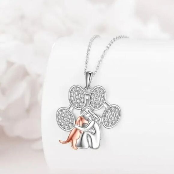 Fashion Silver Plated Dog Paw Pendant Necklace with Pet Lover Heart Design - Picture 5 of 8